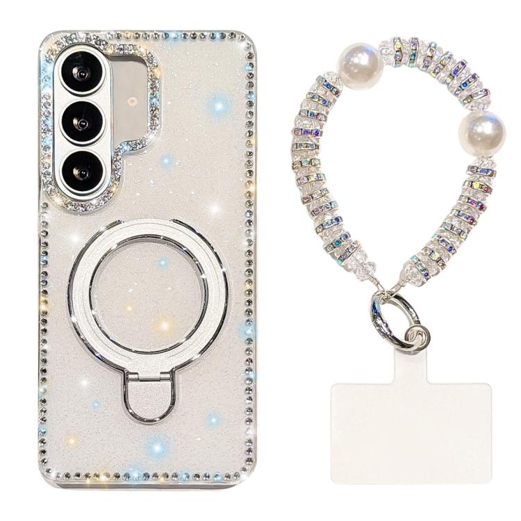 For Samsung Galaxy S26 5G Double-Sided IMD Rhinestone Magnetic Holder Shockproof Phone Case With Bracelet(Glitter White)