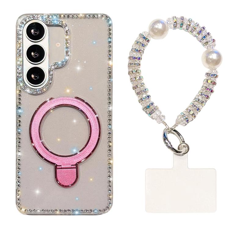 For Samsung Galaxy S26 5G Double-Sided IMD Rhinestone Magnetic Holder Shockproof Phone Case With Bracelet(Transparent Glitter)