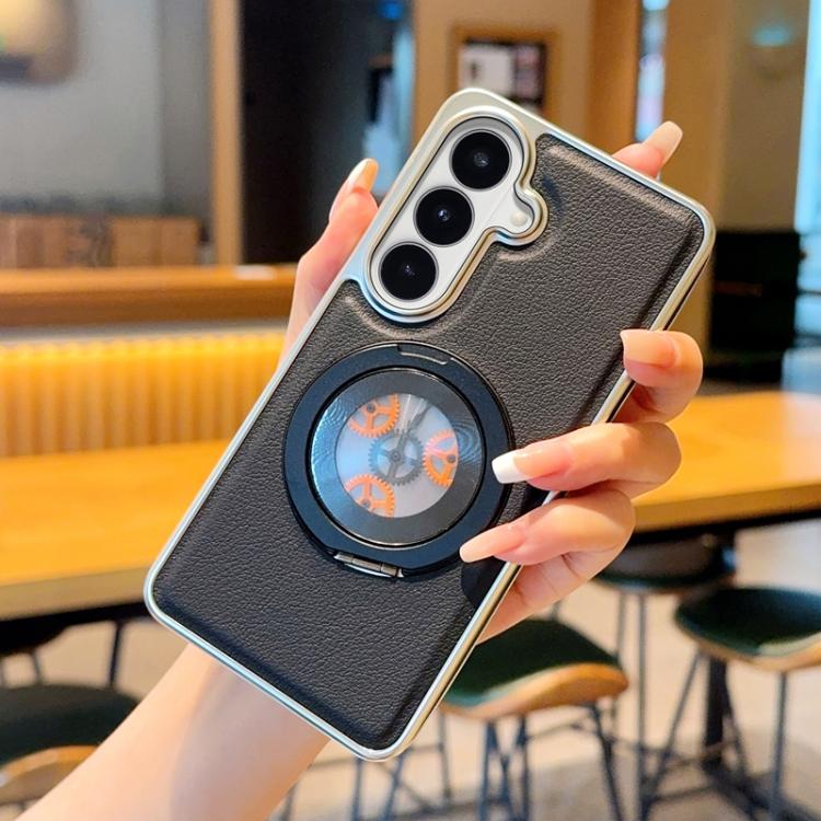 For Samsung Galaxy S26 5G Electroplated Side-mounted Vegan Leather Magnetic Phone Case with 360 Degrees Gear Rotating Holder(Black)