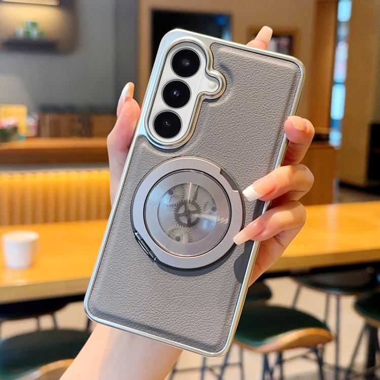 For Samsung Galaxy S26 5G Electroplated Side-mounted Vegan Leather Magnetic Phone Case with 360 Degrees Gear Rotating Holder(Grey)