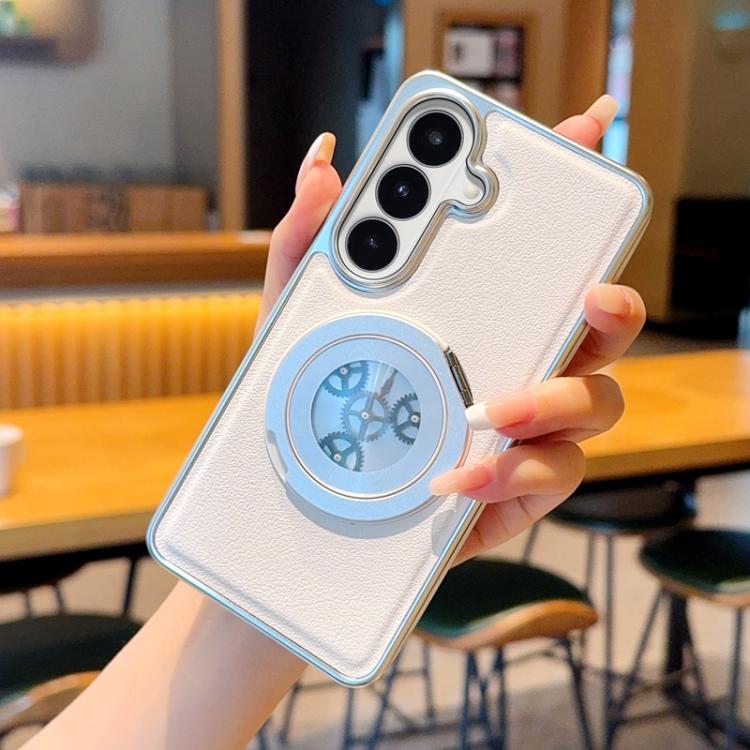 For Samsung Galaxy S26 5G Electroplated Side-mounted Vegan Leather Magnetic Phone Case with 360 Degrees Gear Rotating Holder(White)