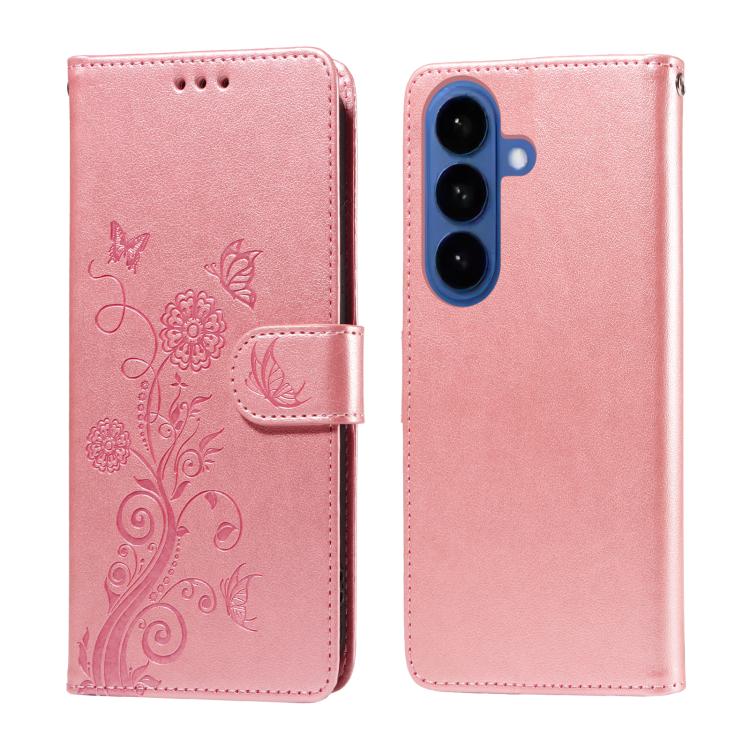 For Samsung Galaxy S26 5G Embossed Butterfly Flowers Leather Phone Case(Rose Gold)