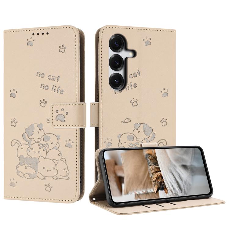 For Samsung Galaxy S26 5G Embossed Kitten Phone Leather Case with Lanyard(Beige)