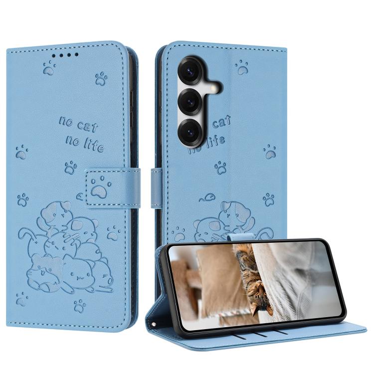 For Samsung Galaxy S26 5G Embossed Kitten Phone Leather Case with Lanyard(Blue)