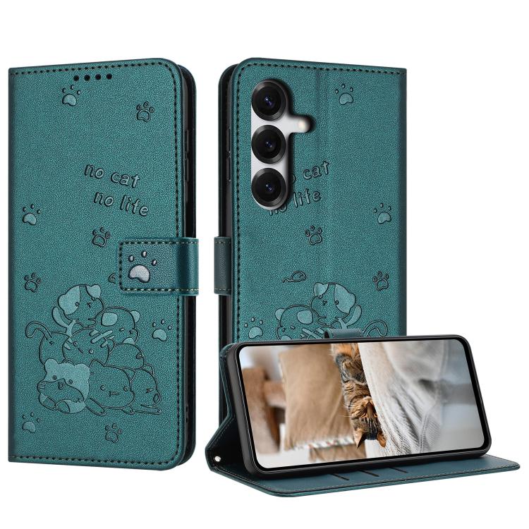 For Samsung Galaxy S26 5G Embossed Kitten Phone Leather Case with Lanyard(Dark Green)