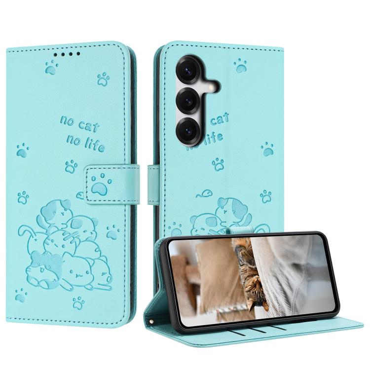 For Samsung Galaxy S26 5G Embossed Kitten Phone Leather Case with Lanyard(Mint Green)