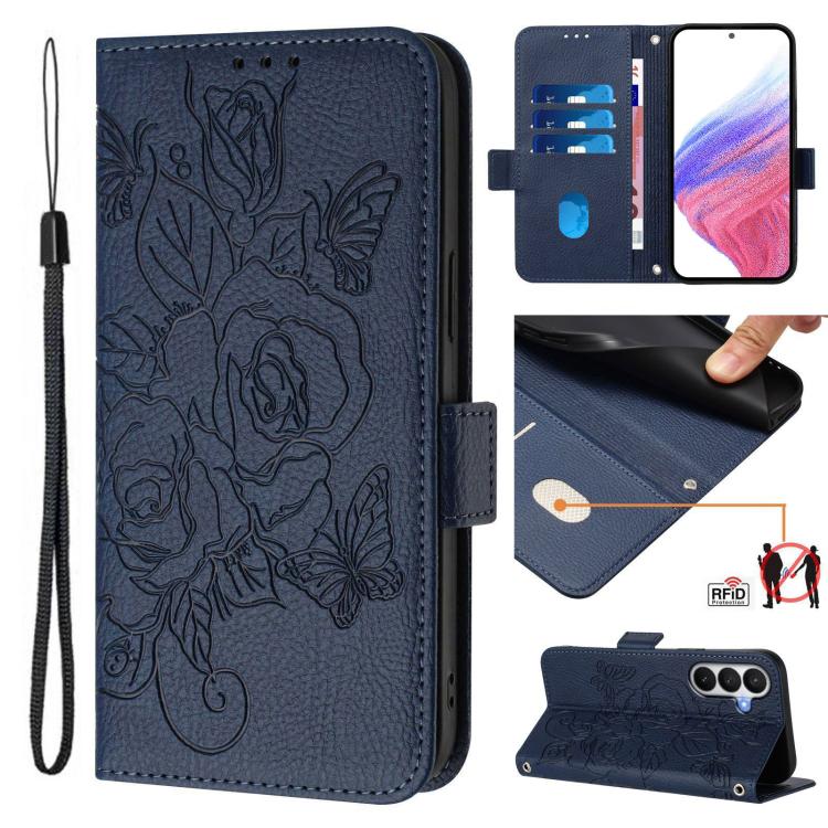 For Samsung Galaxy S26 5G Embossed Rose RFID Anti-theft Leather Phone Case(Dark Blue)