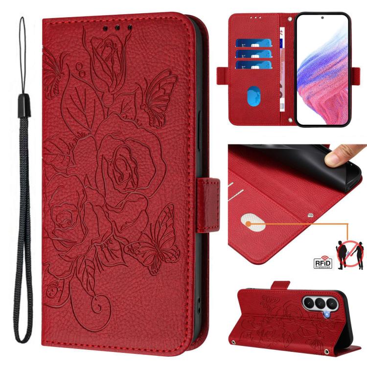 For Samsung Galaxy S26 5G Embossed Rose RFID Anti-theft Leather Phone Case(Red)
