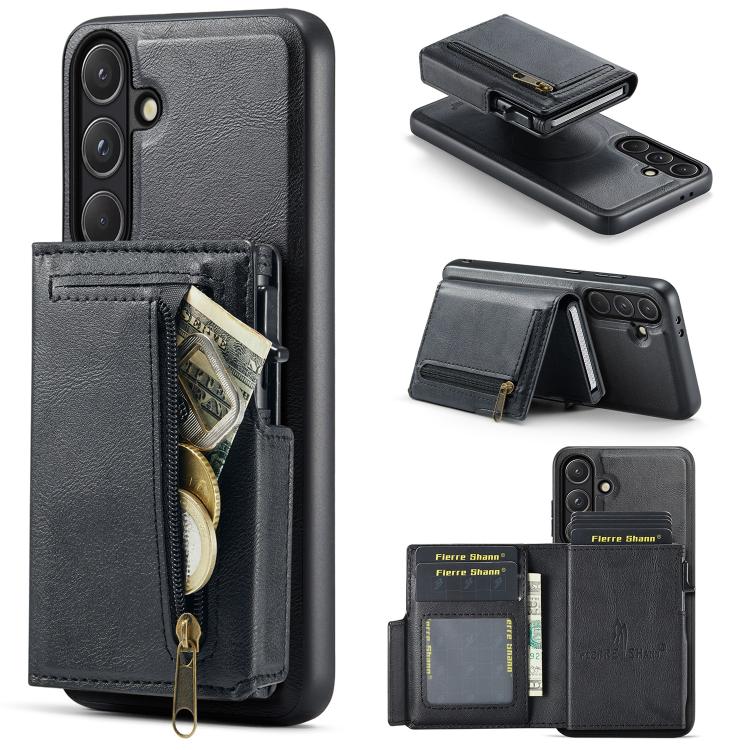 For Samsung Galaxy S26 5G Fierre Shann Oil Wax Vegan Leather Magnetic Card Holder Back Phone Case(Black)