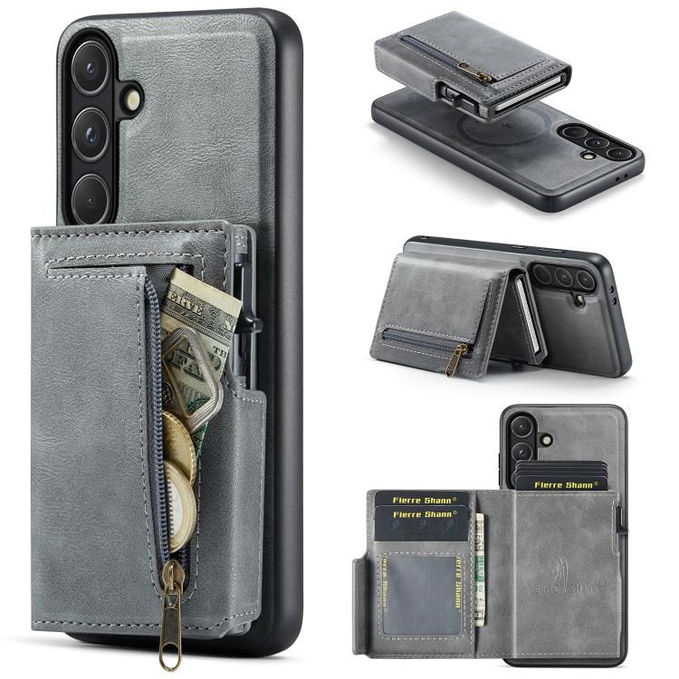 For Samsung Galaxy S26 5G Fierre Shann Oil Wax Vegan Leather Magnetic Card Holder Back Phone Case(Grey)