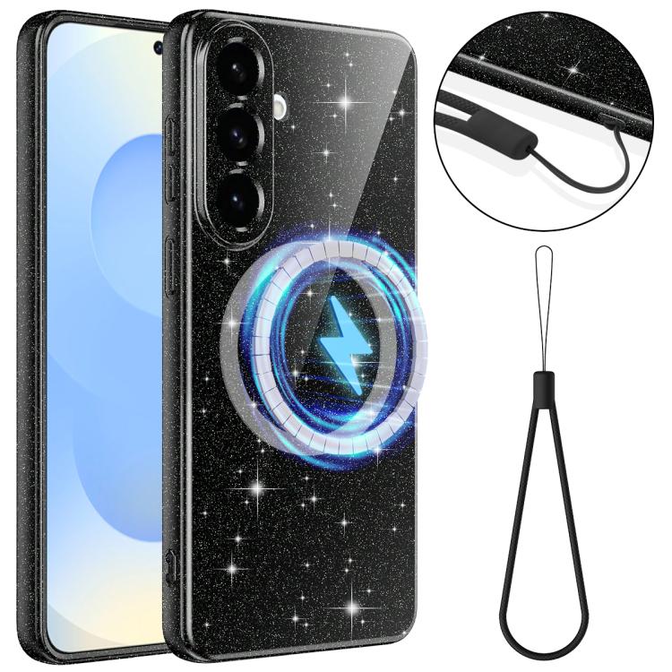 For Samsung Galaxy S26 5G Fine Hole Glossy Glitter Magnetic TPU Phone Case with Same Color Hand Strap(Black)
