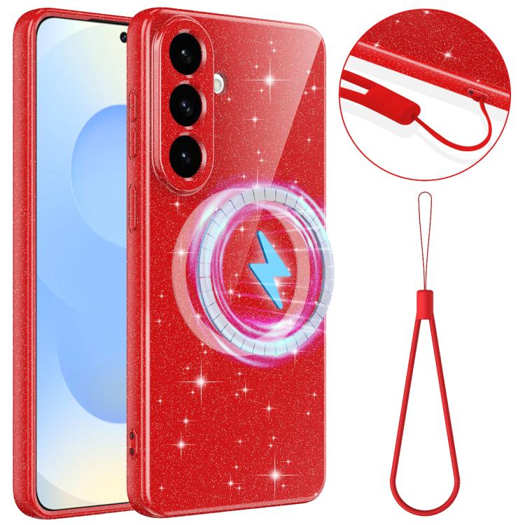 For Samsung Galaxy S26 5G Fine Hole Glossy Glitter Magnetic TPU Phone Case with Same Color Hand Strap(Red)