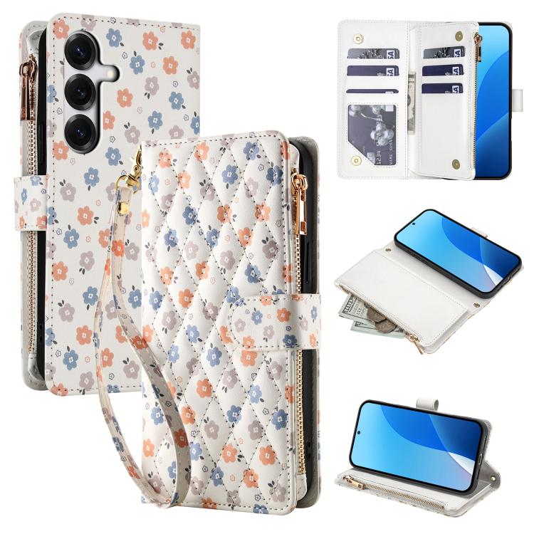 For Samsung Galaxy S26 5G Flower Pattern Zipper Wallet Vegan Leather Phone Case with Lanyard(Florals)