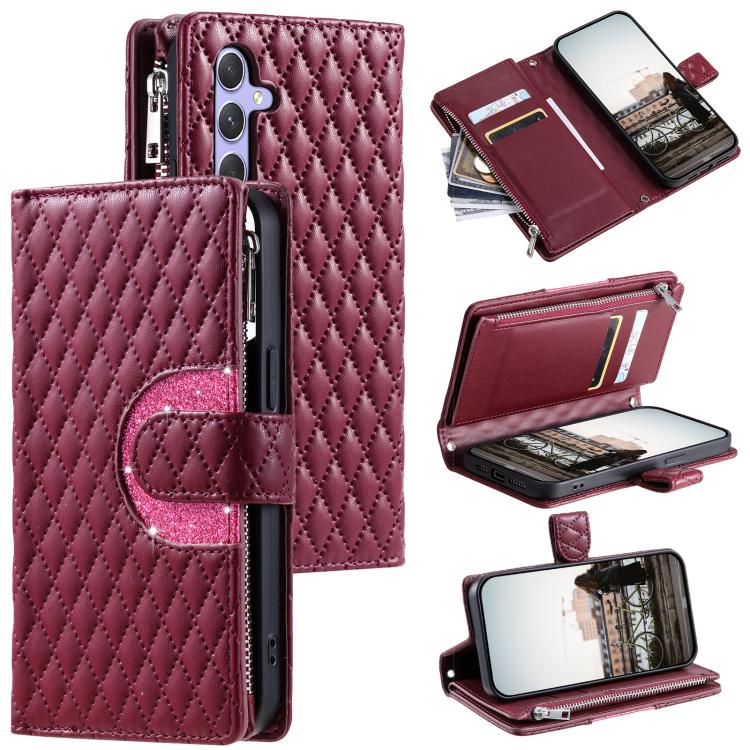 For Samsung Galaxy S26 5G Glitter Lattice Zipper Wallet Leather Phone Case(Wine Red)