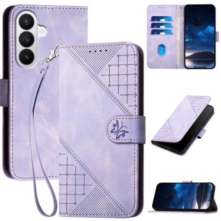 For Samsung Galaxy S26 5G Grid Butterfly Embossed Pattern Leather Phone Case with Lanyard(Light Purple)