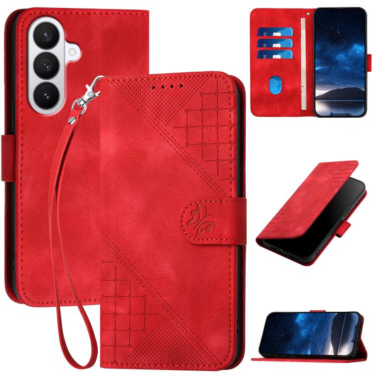 For Samsung Galaxy S26 5G Grid Butterfly Embossed Pattern Leather Phone Case with Lanyard(Red)