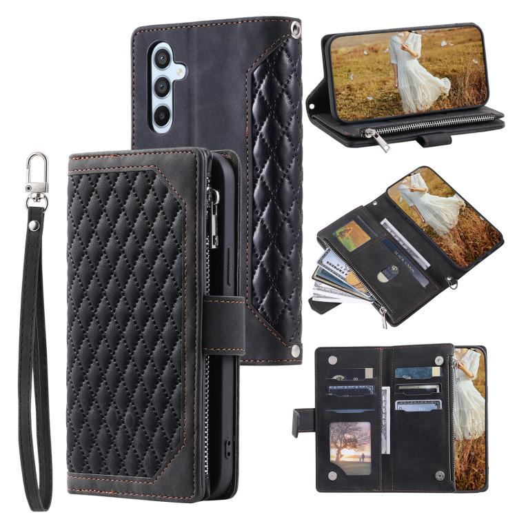 For Samsung Galaxy S26 5G Grid Texture Zipper Leather Phone Case with Lanyard(Black)
