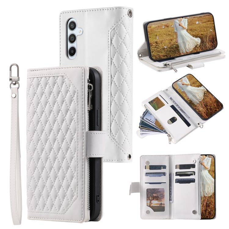 For Samsung Galaxy S26 5G Grid Texture Zipper Leather Phone Case with Lanyard(White)