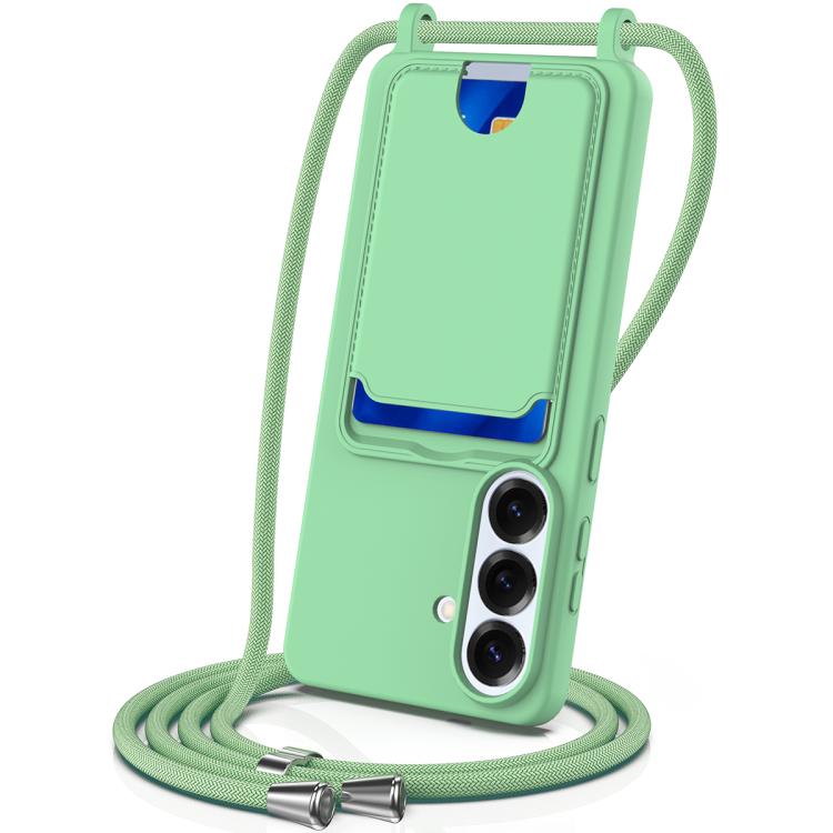 For Samsung Galaxy S26 5G Integrated Card Bag Solid Color Liquid Silicone Phone Case with Lanyard(Green)