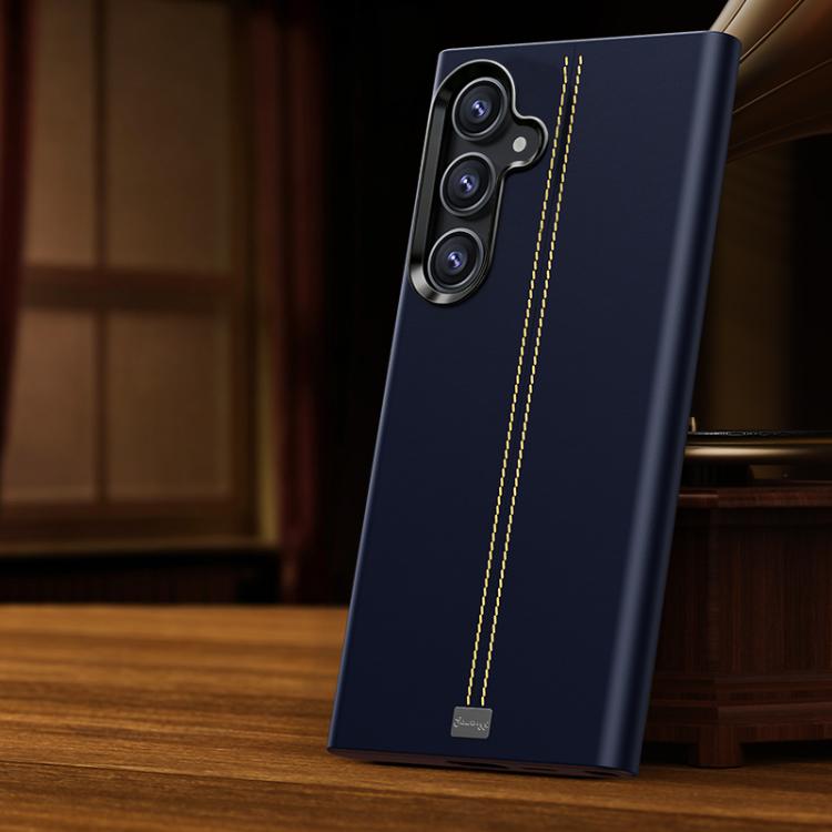 For Samsung Galaxy S26 5G Jazz Series Retro Vegan Leather Textured Metal Frame Magnetic Phone Case(Dark Blue)
