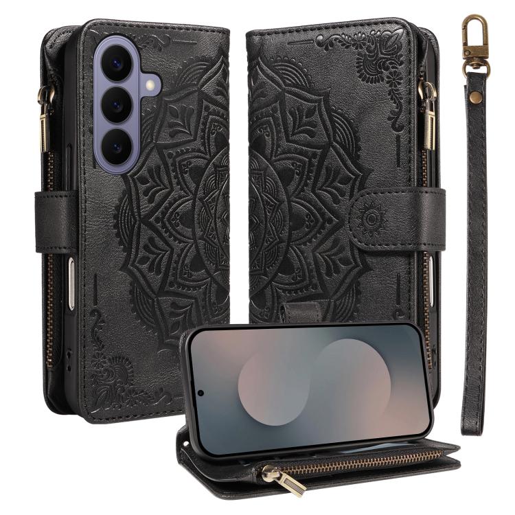 For Samsung Galaxy S26 5G Mandala Embossed 9-Card Zipper RFID Vegan Leather Phone Case with Short Lanyard(Black)