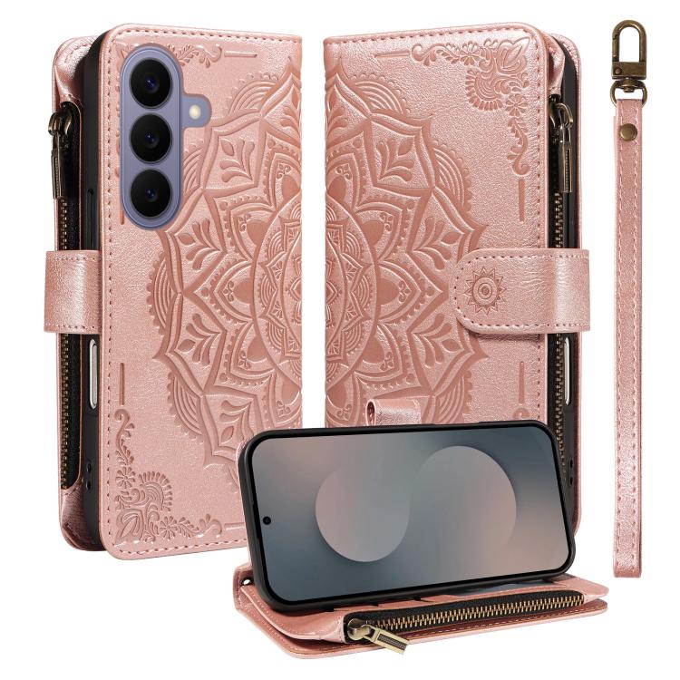 For Samsung Galaxy S26 5G Mandala Embossed 9-Card Zipper RFID Vegan Leather Phone Case with Short Lanyard(Rose Gold)