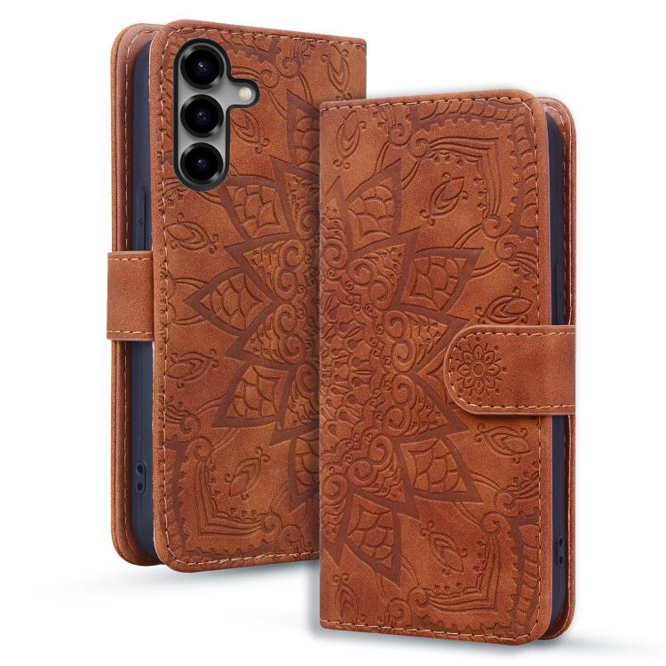 For Samsung Galaxy S26 5G Mandala Embossed Dual-Fold Calf Leather Phone Case(Brown)