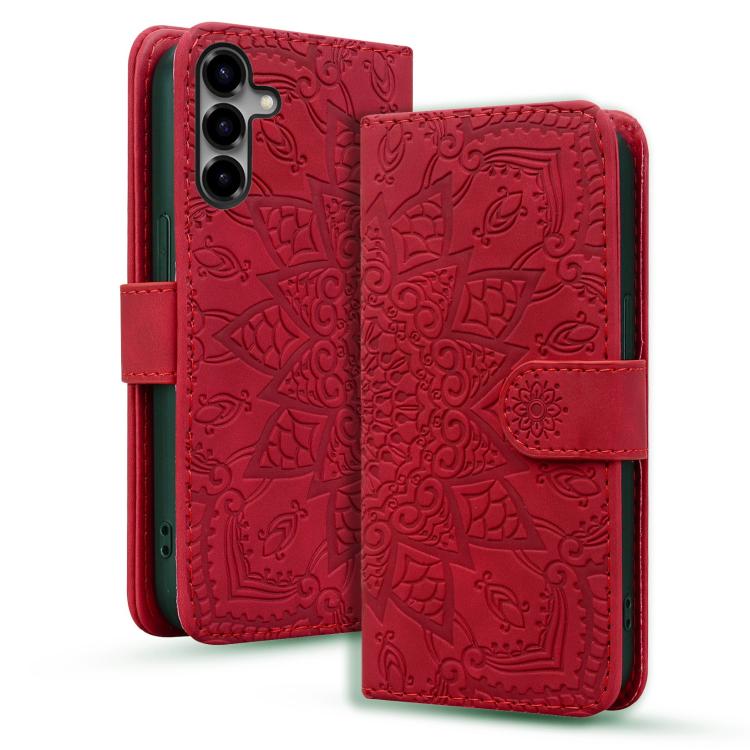 For Samsung Galaxy S26 5G Mandala Embossed Dual-Fold Calf Leather Phone Case(Red)
