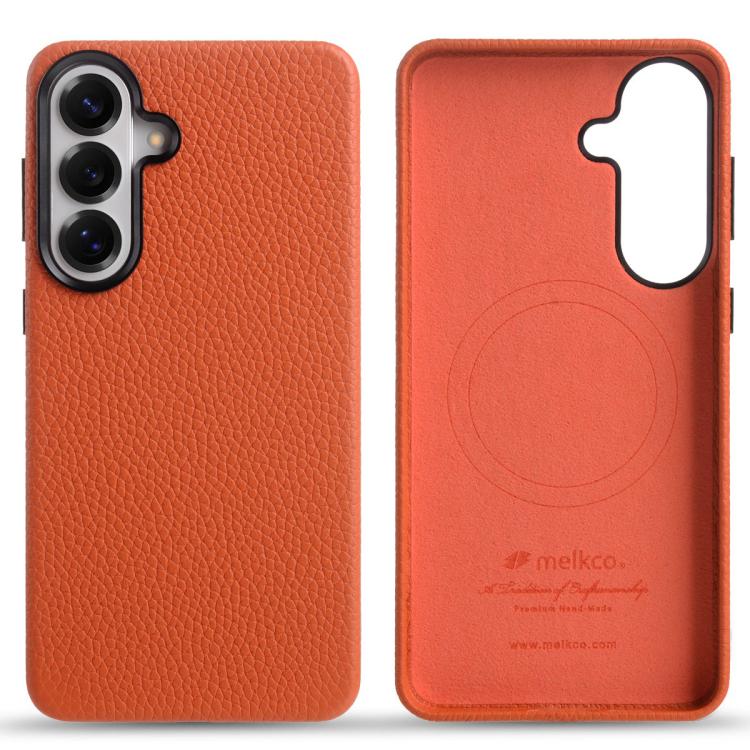For Samsung Galaxy S26 5G melkco Litchi Texture Magnetic Full Coverage Genuine Leather Phone Case(Orange)