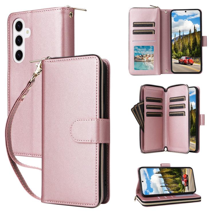 For Samsung Galaxy S26 5G Nine-card Slots Zipper Wallet Bag Leather Phone Case(Rose Gold)