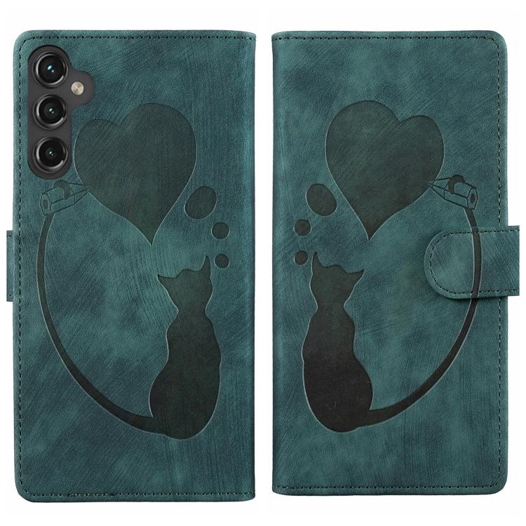 For Samsung Galaxy S26 5G Pen Heart Cat Embossed Leather Phone Case(Green)