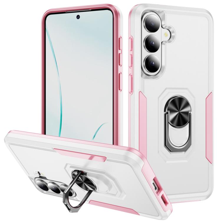 For Samsung Galaxy S26 5G Pioneer Armor Heavy Duty PC Hybrid TPU Phone Case with Holder(White+Pink)
