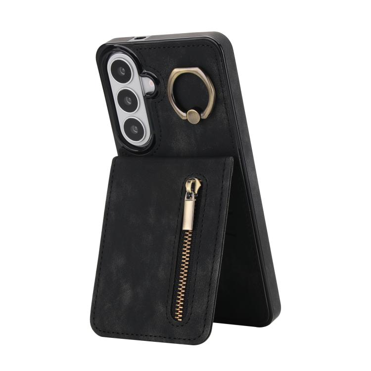 For Samsung Galaxy S26 5G Retro Ring and Zipper RFID Card Slot Phone Case(Black)