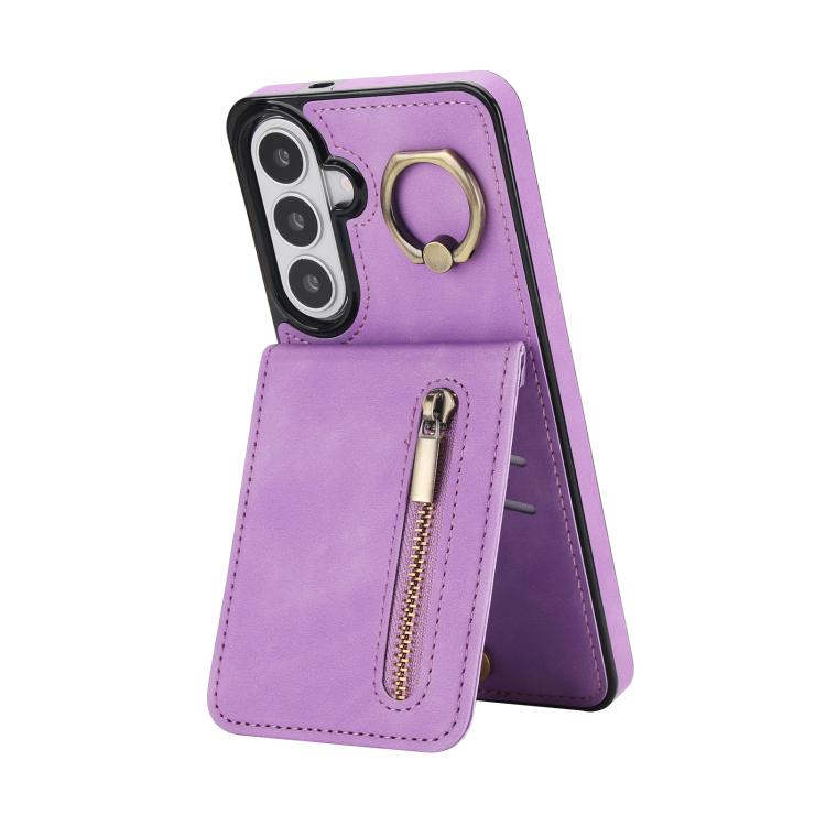 For Samsung Galaxy S26 5G Retro Ring and Zipper RFID Card Slot Phone Case(Purple)