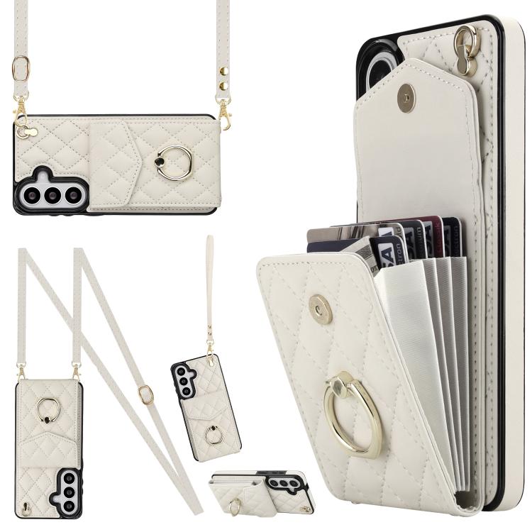 For Samsung Galaxy S26 5G Rhombic Texture Card Bag Phone Case with Long Lanyard(White)