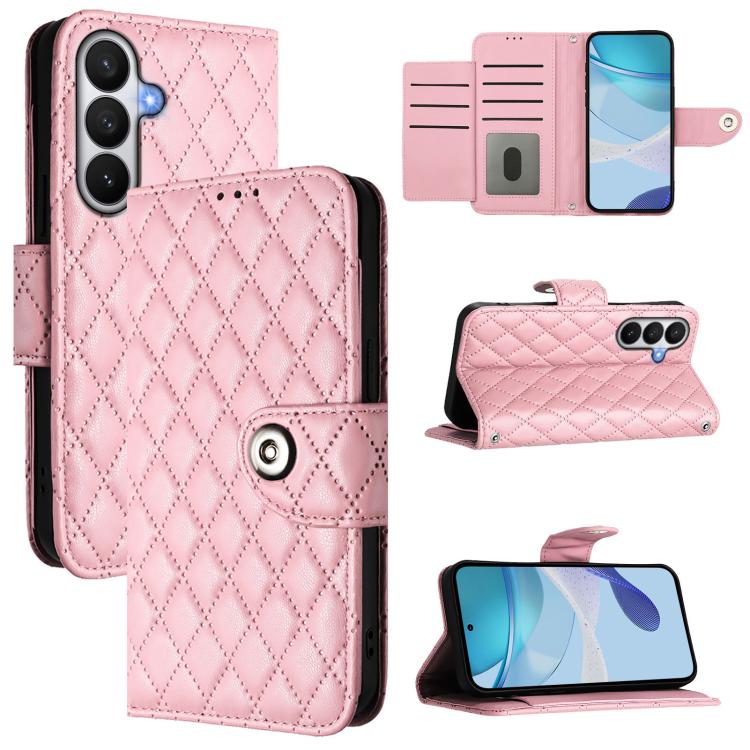 For Samsung Galaxy S26 5G Rhombic Texture Flip Leather Phone Case with Lanyard(Pink)