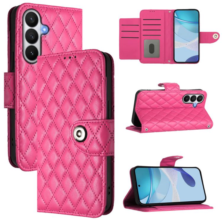For Samsung Galaxy S26 5G Rhombic Texture Flip Leather Phone Case with Lanyard(Rose Red)