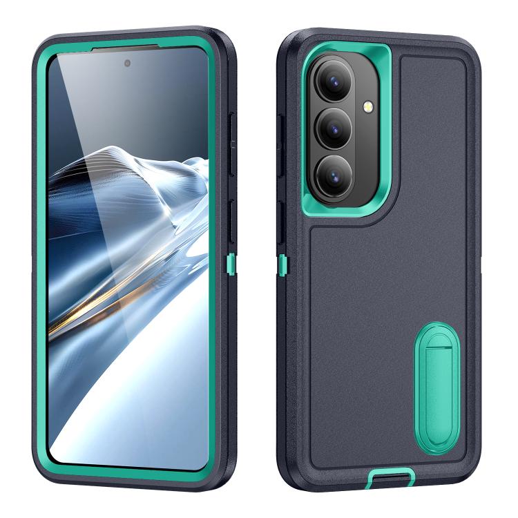 For Samsung Galaxy S26 5G Rugged PC Hybrid Silicone Phone Case with Holder(Dark Blue+Light Green)