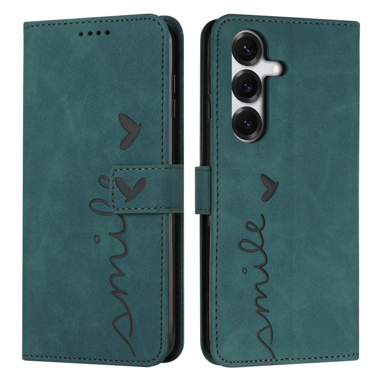 For Samsung Galaxy S26 5G Skin Feel Heart Embossed Leather Phone Case with Long Lanyard(Green)