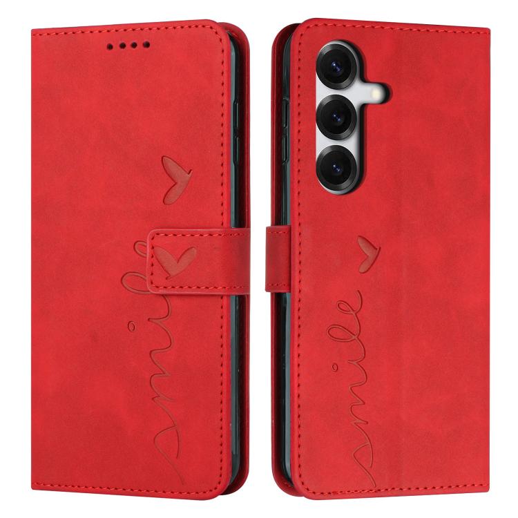 For Samsung Galaxy S26 5G Skin Feel Heart Embossed Leather Phone Case with Long Lanyard(Red)