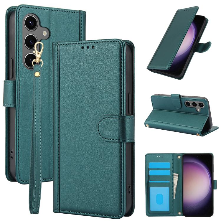 For Samsung Galaxy S26 5G Skin Feel Pure Color Card Slots Leather Phone Case with Dual Lanyard(Green)