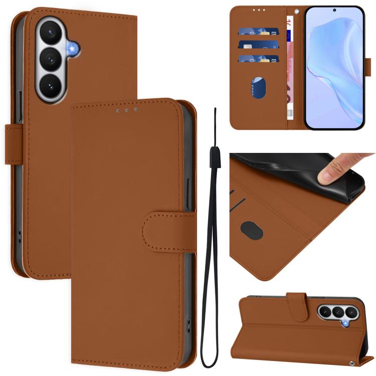 For Samsung Galaxy S26 5G Skin Feel Solid Color Leather Phone Case with Lanyard(Brown)