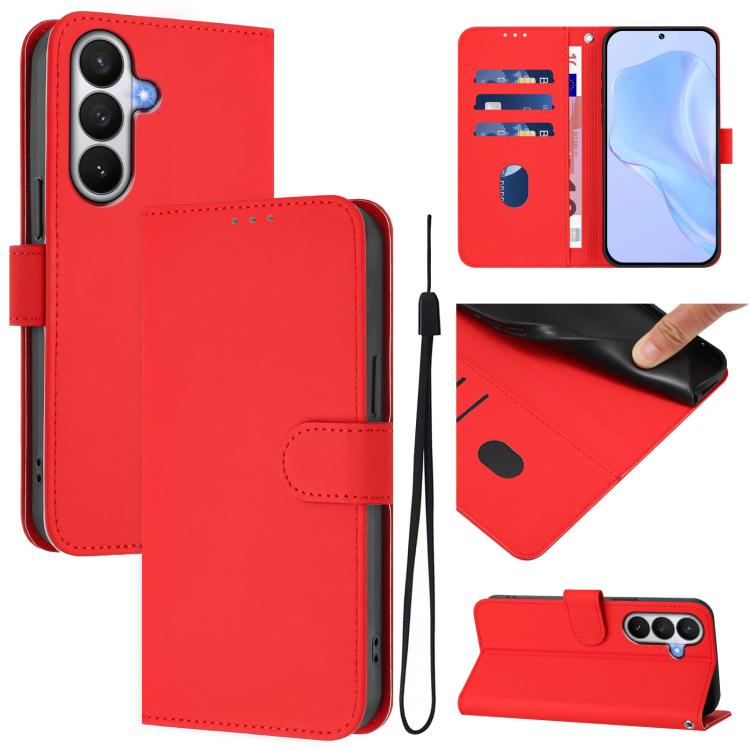 For Samsung Galaxy S26 5G Skin Feel Solid Color Leather Phone Case with Lanyard(Red)