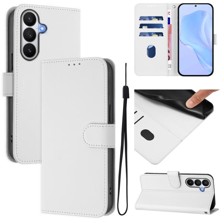 For Samsung Galaxy S26 5G Skin Feel Solid Color Leather Phone Case with Lanyard(White)