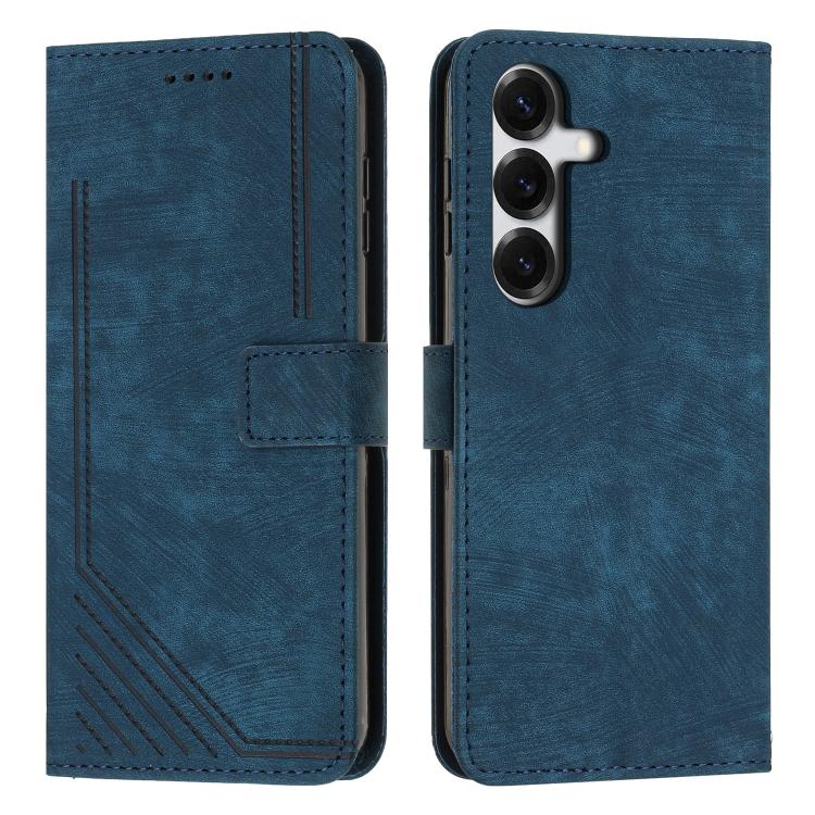 For Samsung Galaxy S26 5G Skin Feel Stripe Pattern Leather Phone Case with Lanyard(Blue)