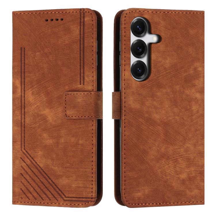 For Samsung Galaxy S26 5G Skin Feel Stripe Pattern Leather Phone Case with Lanyard(Brown)