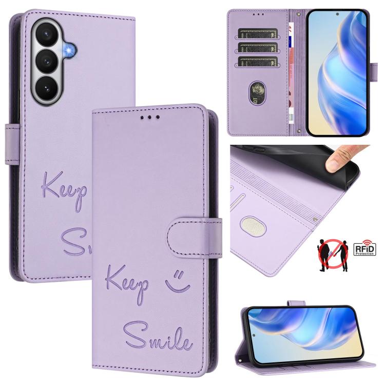 For Samsung Galaxy S26 5G Smile Embossing RFID Leather Phone Case(Light Purple)