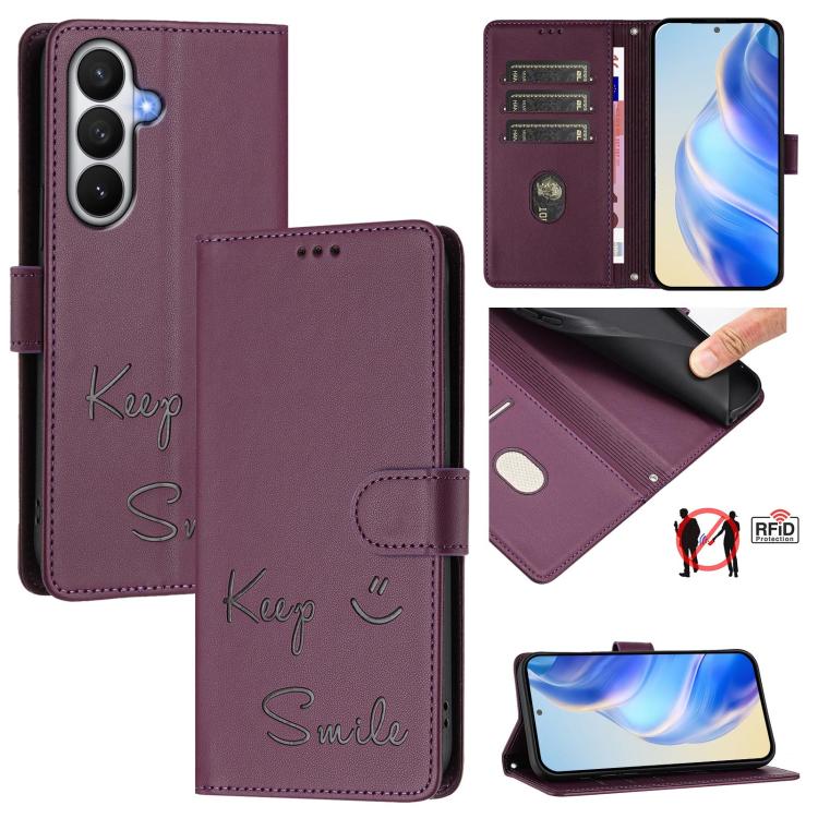 For Samsung Galaxy S26 5G Smile Embossing RFID Leather Phone Case(Violet)