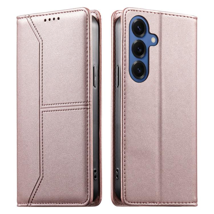 For Samsung Galaxy S26 5G Stitched Line Magnetic RFID Vegan Leather Phone Case(Pink)