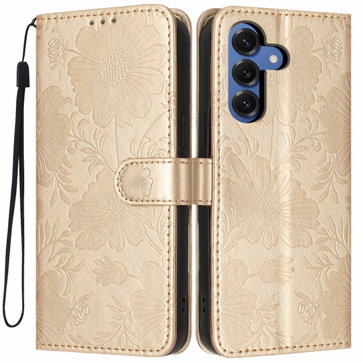 For Samsung Galaxy S26 5G Sunflower Embossed Vegan Leather Phone Case with Small Black Rope(Gold)